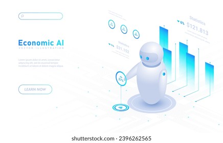 Afiche blanco de Economic Ai. Invertir y entrenar con bot. Inteligencia Artificial y Aprendizaje automático. Diseño de página de inicio. Ilustración vectorial isométrica de caricatura aislada en fondo blanco