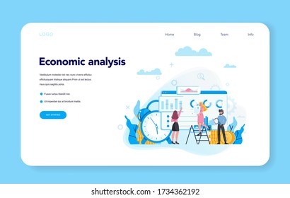 Banner web del concepto de análisis económico o página de inicio. Trabajar con datos y operaciones financieras. Auditoría, optimización y estrategia. Gente trabajando con gráficos y diagramas. Ilustración del vector