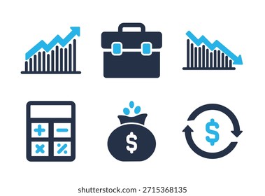 Conjunto de ícones Análise Econômica e Ciclo. Ícones da série de glifos sólidos