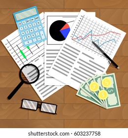 Economic analysis of graphs and diagrams. Analyzing work stock index, vector illustration