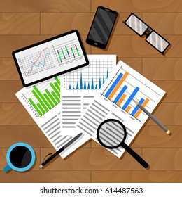 Economic analytics of infographics. Analyzing report chart and graphics. Vector illustration