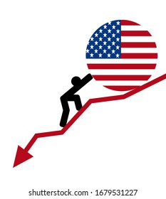 economic arrow falling down 
financial crisis. man roll a flag map USA up. The concept of support during the depression and world economic crisis.