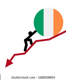 economic arrow falling down 
financial crisis. man roll a flag map Ireland  up. The concept of support during the depression and world economic crisis.