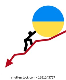 wirtschaftlicher Rückgang 
Finanzkrise. Mann rollt eine Fahnenkarte Ukraine hoch. Das Konzept der Unterstützung während der Depression und der Weltwirtschaftskrise.