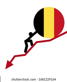 economic arrow falling down 
financial crisis. man roll a flag map Belgium up. The concept of support during the depression and world economic crisis.