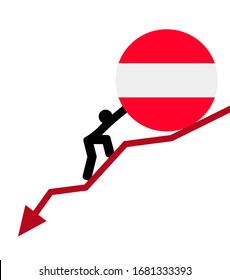 economic arrow falling down 
financial crisis. man roll a flag map Austria  up. The concept of support during the depression and world economic crisis.