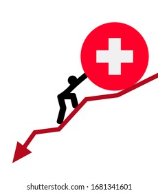 economic arrow falling down 
financial crisis. man roll a flag map Switzerland up. The concept of support during the depression and world economic crisis.
