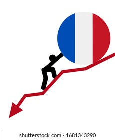 economic arrow falling down 
financial crisis. man roll a flag map France up. The concept of support during the depression and world economic crisis.
