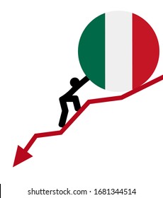 economic arrow falling down 
financial crisis. man roll a flag map Italy up. The concept of support during the depression and world economic crisis.