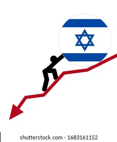 
economic arrow falling down 
financial crisis. man roll a flag Israel up. The concept of support during the depression and world economic crisis.