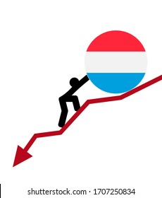 flecha económica cayendo en la crisis financiera. hombre enrollar un mapa de la bandera de Luxemburgo. El concepto de apoyo durante la depresión y la crisis económica mundial.