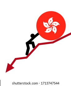 economic arrow falling down, financial crisis concept. man rolls a Hong Kong flag up. The concept of support and world economic crisis.