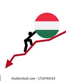 flecha económica cayendo, concepto de crisis financiera. hombre enarbola una bandera de Hungría. El concepto de apoyo y crisis económica mundial.