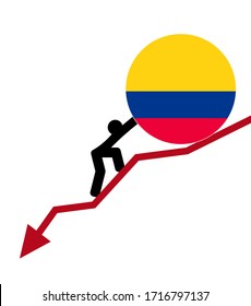 flecha económica cayendo, concepto de crisis financiera. hombre enarbola una bandera de Colombia. El concepto de apoyo y crisis económica mundial.