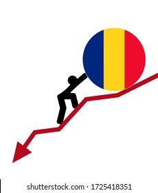 flecha económica cayendo, concepto de crisis financiera. el hombre pone una bandera de Rumania en marcha. El concepto de apoyo y crisis económica mundial.