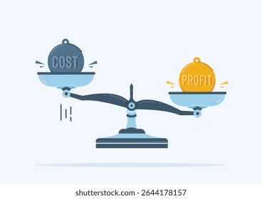 economic balance, Scales with criss and profit signs in gold and iron ball symbols to indicate risk.