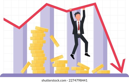 Economic, banking or stock market crash. Investment or credit risk concept. Investor struggles to hold on Falling Stock Exchange chart. Employee losing money. Recession or bankruptcy, Coins drop down