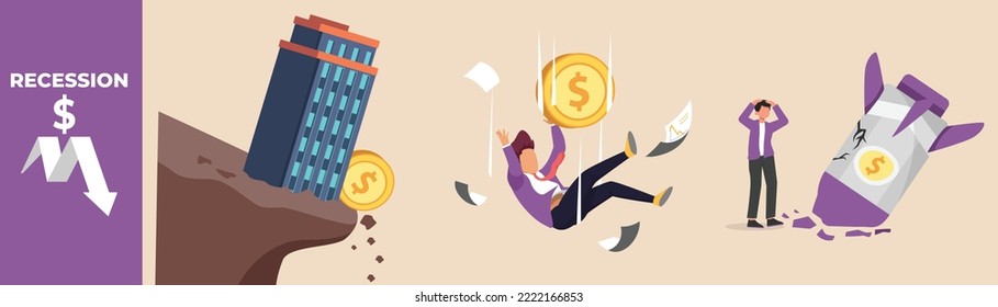 Economic and business collapse. Recession 2023. Recession economy set concept. Flat vector illustrations isolated.