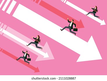 Economic and business image infographics. Arrows down the right shoulder and pictograms and illustrations of male and female businessmen. Recession adversity.