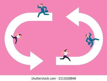 Economic and business image infographics, illustrations, pictograms. Recycled arrows and male and female businessmen who are busy with work every day. Labor productivity.