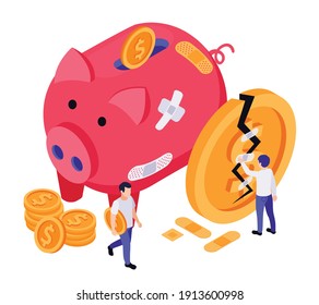 Economic Business Recovery Isometric Composition With Pig Shaped Money Box And Cracked Coin With Human Characters Vector Illustration