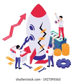 Economic Business Recovery Isometric Composition With Image Of Rocket Cash And Gear Icons Workers With Wrench Vector Illustration