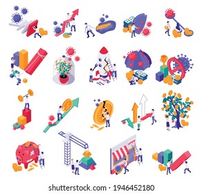 Economic Business Recovery Isometric Set Of Isolated Icons With Virus Bacteria Money Coins And Businessmen Characters Vector Illustration