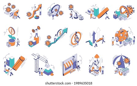 Economic business recovery set of isometric icons with isolated bar chart elements arrows and virus images vector illustration