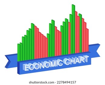 Estilo de gráfico económico 3d aislado en fondo blanco. Gráfico de alza y caída del mercado de valores. Indicador económico. Diseño de carteles, afiches y materiales promocionales. Ilustración del vector