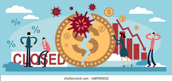 The economic collapse. Lack of money through the fault of the coronavirus. The global crisis of business cash funds and the loss of personal family savings. Flat illustration.