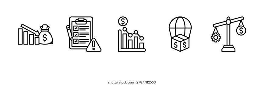 Economic Collapse Risk Framework icon line illustration. Inflation Surge, Risk Assessment, Decreasing Profit Chart, Bailout Package and Economic Instability