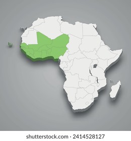 Localización de la Comunidad Económica de los Estados de África Occidental en África Mapa isométrico 3d