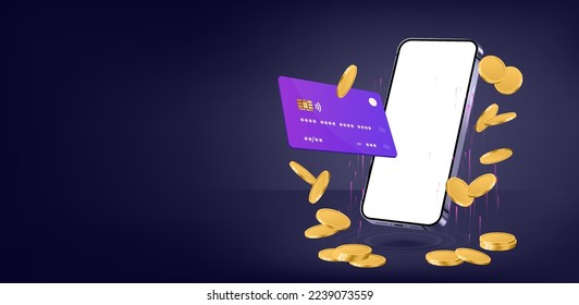 Economic concept banner with 3D smartphone, coins and card. 3D mobile phone in business concept. Mockup smartphone, online banking, payments, earnings, cashback, shopping. Vector