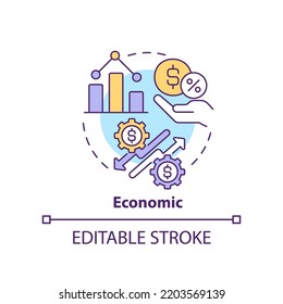 Economic concept icon. Business and commerce improvement. PESTLE tool abstract idea thin line illustration. Isolated outline drawing. Editable stroke. Arial, Myriad Pro-Bold fonts used