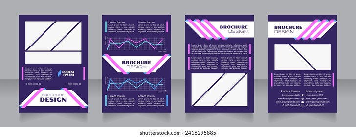 Economic cost purple blank brochure design. Template set with copy space for text. Premade corporate reports collection. Editable 4 paper pages. Syncopate, Poller One, Arial Regular fonts used
