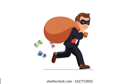 Economic crime. Business man thief criminal wearing disguise eye mask running carrying big sack full of cash money packs falling from it. Robber carrying loot steal. Flat vector character illustration