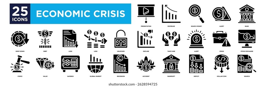 economic crisic icon collection set. Containing design presentation, decrease, Search Money, Alert, Bank,