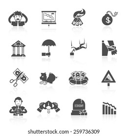 Economic crisis banking and finance depression black icons set isolated vector illustration