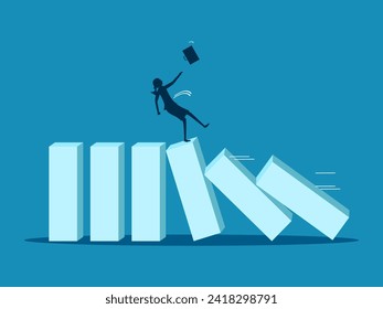 Economic crisis. Businesswoman falling on domino effect. vector 
