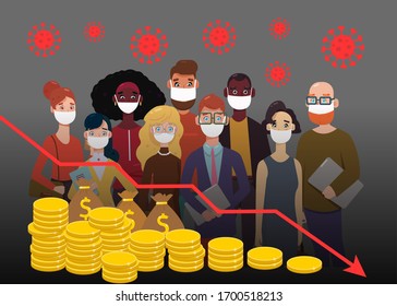 Economic crisis caused by the Coronavirus.
Red arrows fall to the ground, indicating the economic recession that will occur.