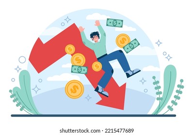 Economic crisis concept. Economical activity or output recession, bankruptcy or profit decrease. Idea of financial, production and living standard decline. Flat vector illustration