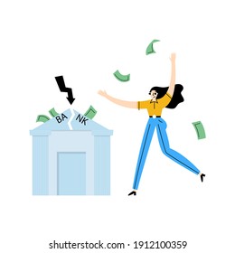 Economic crisis concept, a fall in the exchange rate, loss of money, a crash on the stock exchange. Fall in the stock market, bank failures, a woman in a panic lost all her deposits