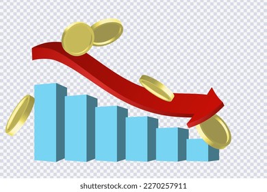 Economic crisis concept. Global economic downfall, arrow down, market crash. Graphs and slumping stock markets show global economic crisis in 2023. Effects of inflation, war, epidemics. 3d vector