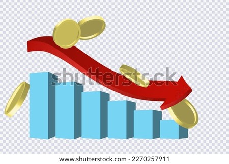 Economic crisis concept. Global economic downfall, arrow down, market crash. Graphs and slumping stock markets show global economic crisis in 2023. Effects of inflation, war, epidemics. 3d vector