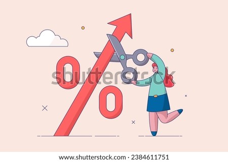 Economic crisis concept. Stop Inflation. Fed raised the central bank interest rate to curb soaring inflation. Businesswoman cuts a percentage mark with scissors. Business flat vector illustration.
