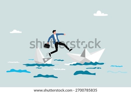 Economic crisis or dangerous risks, changing jobs or moving to a new, better workplace, brave entrepreneurs risk their lives to jump from a sinking ship in the ocean to a better ship.