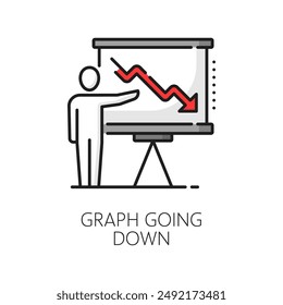 Crisis económica abajo gráfico icono de línea de color de la silueta del hombre de negocios que muestra gráfico con flecha que cae. Vector financiero recesión, recesión económica y caída de negocios, pérdida de dinero y bancarrota