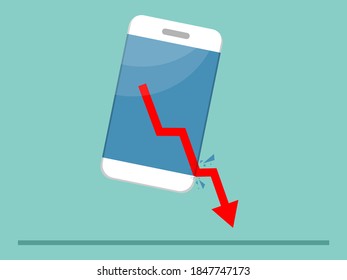 economic crisis down red arrow breaking through from mobile screen vector illustration flat design