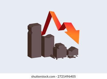 crisis económica con una flecha roja que cae y pilares que colapsan. Visualización de alta calidad para pérdida financiera, crisis del mercado de valores y temas de recesión global. recesión económica y concepto de crisis del mercado