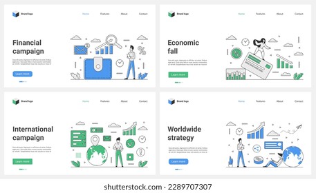 Economic crisis, financial strategy and international campaign for business development set vector illustration. Cartoon tiny people work on strategy to protect global capital from money loss